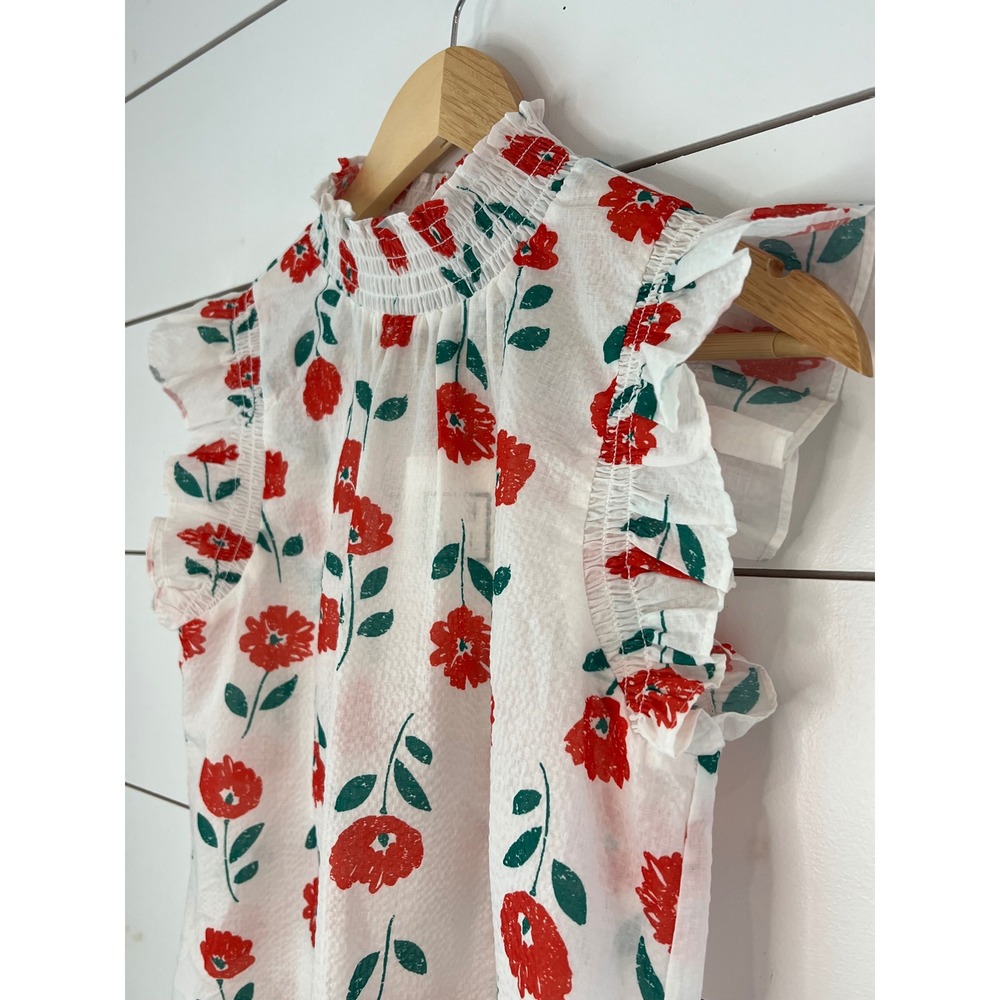 NWT THML Floral Smocked High Neck Ruffle Sleeve Top Red White Small Cottagecore - Picture 4 of 10